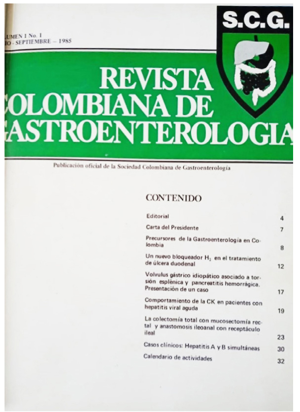 Figura 1. Primer número de la Revista Colombiana de Gastroenterología (julio-septiembre, 1985)